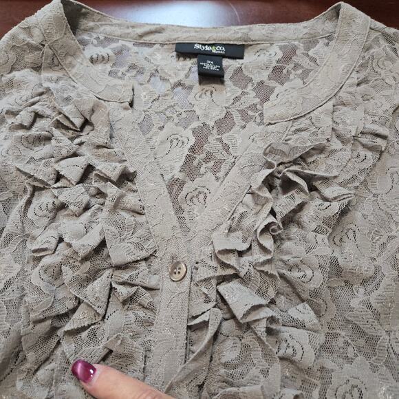 Style & Co-Taupe Stretch Nylon V-Neck 3/4 Sleeve Lace Blouse Sheer Size 3X - Picture 3 of 7
